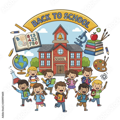 Happy Diverse Group of School Children Running Toward School Building.