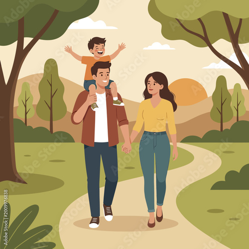 Happy young family walking together outdoors with child on fathers shoulders.