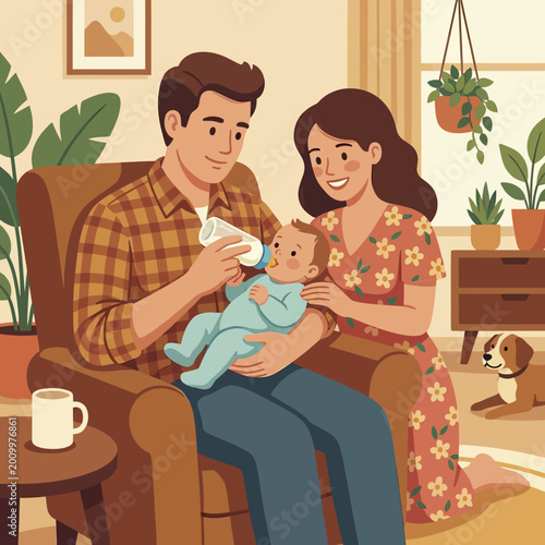 Happy young parents feeding their baby at home.