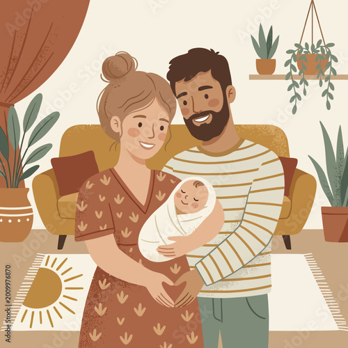 Happy young parents holding their newborn baby in a cozy home setting.
