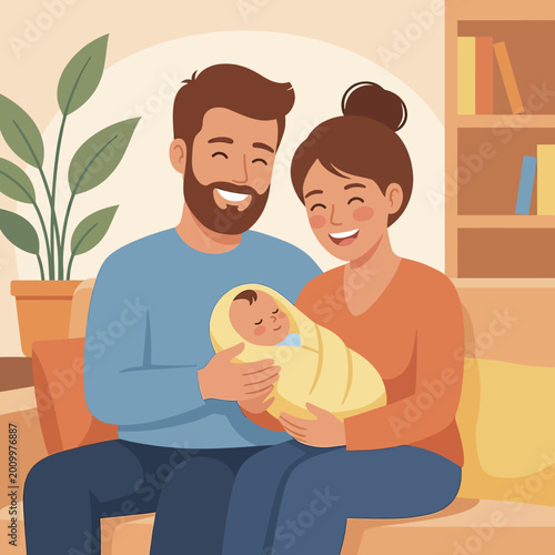 Happy young parents holding their newborn baby at home.