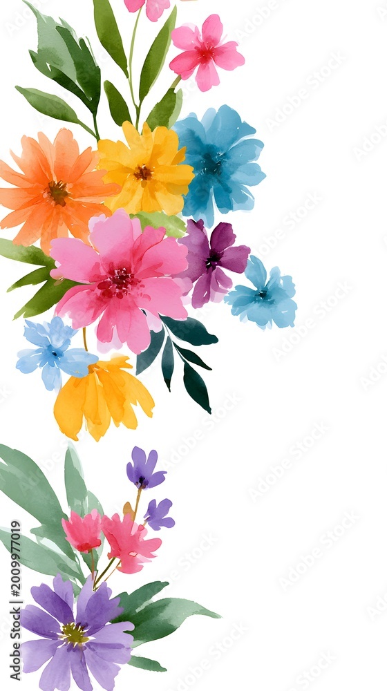 Fototapeta premium watercolor floral border. the border consists of various colorful flowers and green leaves.