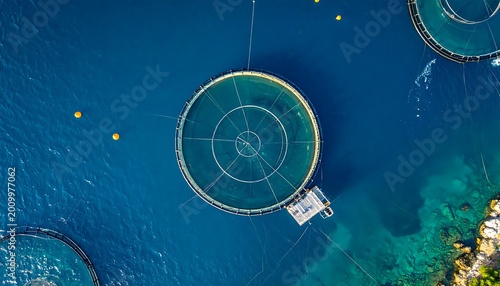 Aerial Top View Of Circular Fish Farm Cages In Deep Blue Mediterranean Sea Water Near Rocky Coastline With Bright Sunlight And Clear Shadows