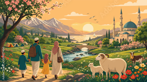 Fotografie A peaceful digital illustration of a man strolling through a scenic campground with colorful tents and wild flowers, ideal for travel blogs