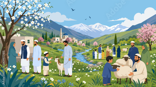 Fényképezés A stylized illustration of a man and woman in traditional Islamic attire shaking hands in a lush outdoor setting, ideal for community themes
