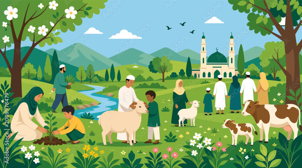 Fototapeta premium A peaceful vector illustration of a woman in a hijab planting a sapling, ideal for sustainability and environmental awareness campaigns.