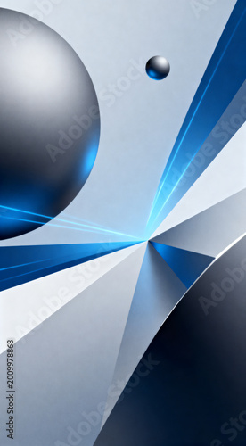 Abstract futuristic 3D background with metallic spheres and geometric blue and silver angular shapes