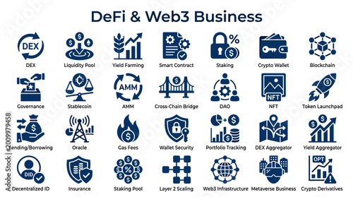 Photos DeFi and Web3 Business Icons Set: Decentralized Finance and Blockchain Technolog