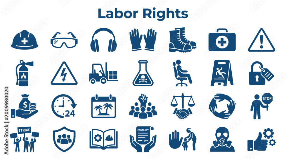 Fototapeta premium Labor rights and workplace safety icons representing worker protection fair employment conditions and occupational health and safety compliance