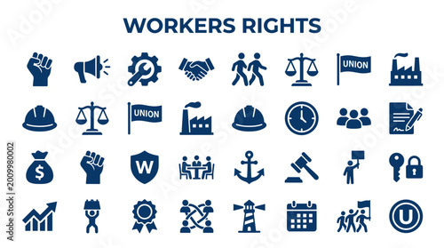 Cuadro en lienzo Workers rights and labor movement icons representing fairness equality and colle