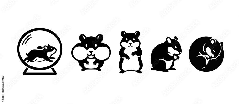 Fototapeta premium Hamster icons set, cute black and white vector silhouette collection, cartoon rodent characters running in wheel, eating, standing and sleeping isolated on white background for pet store logo design