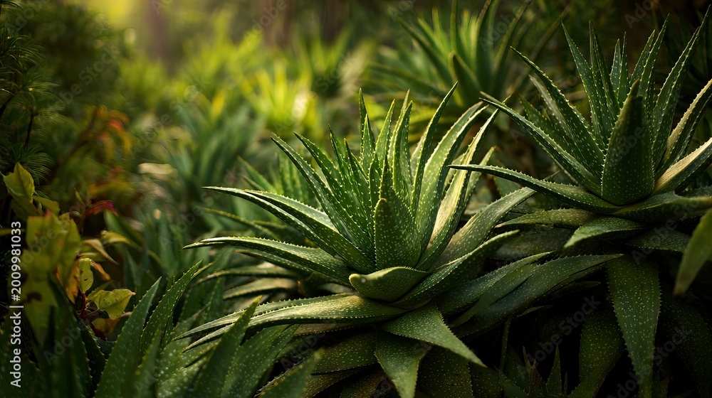 Fototapeta premium Green aloe plants grow in a garden, showing detailed textures.