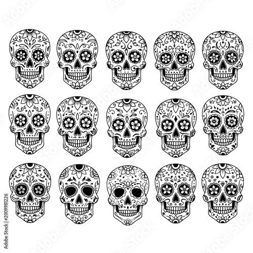 Skull tattoo stencil icons set of black and white ornamental skull faces for t-shirt design and decor
