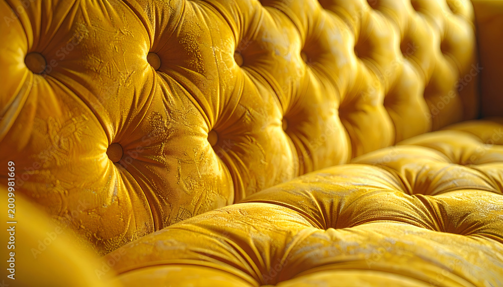 Fototapeta premium Close-up of a luxurious tufted yellow velvet sofa texture.