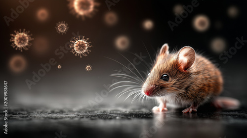 Hantavirus in Rodent Reservoirs, Zoonotic Virus Transmission Concept with Close-Up Mouse and Airborne Particles