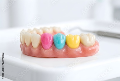Model of teeth with colored crowns sitting on a tray in a dental clinic during a dental procedure for education and demonstration
