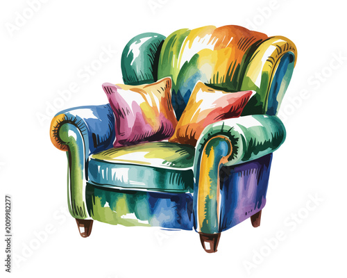 Canvas Print Watercolor Cozy Armchair Clipart, Living Room Furniture Illustration, Isolated o