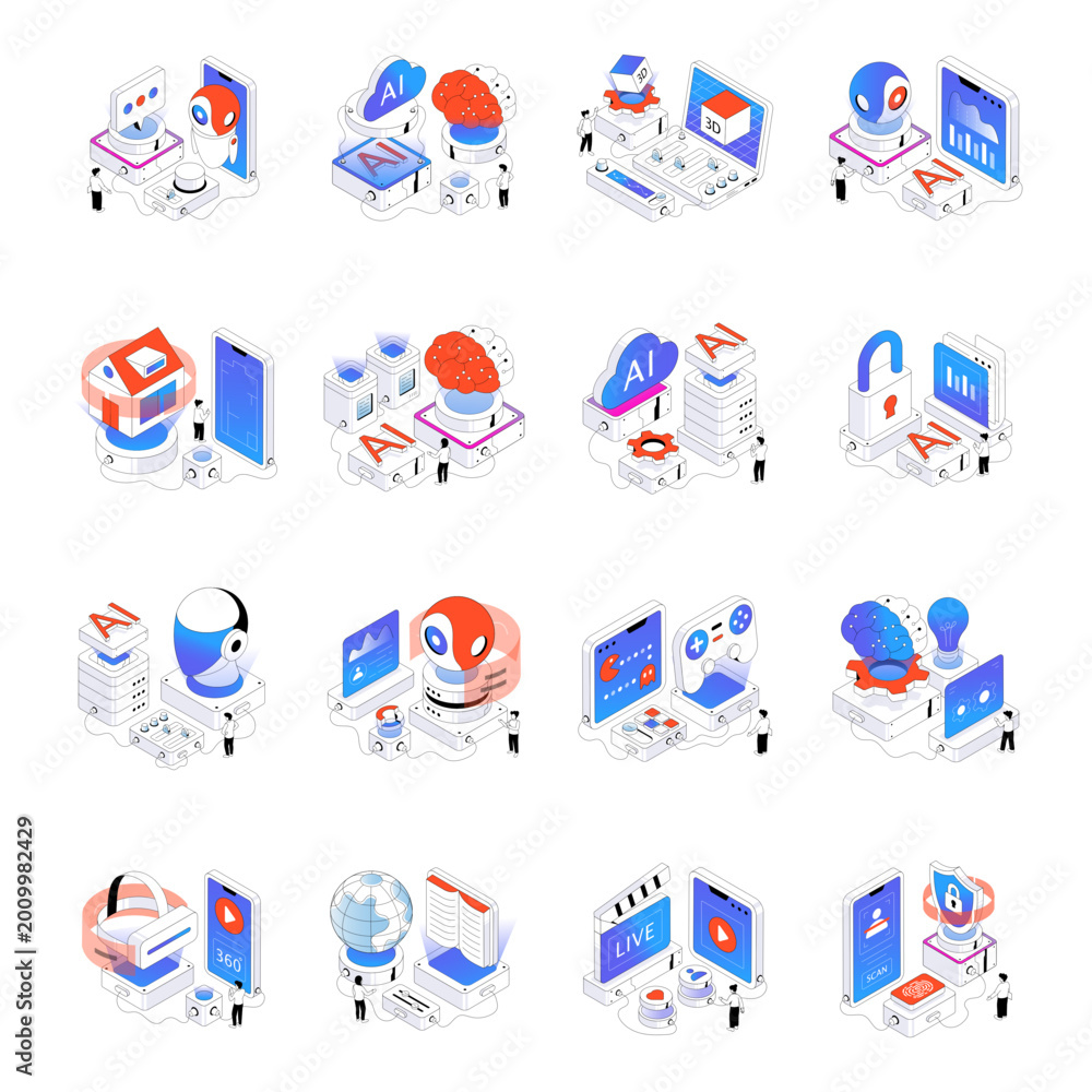 Fototapeta premium Set of Virtual Reality Isometric Illustrations