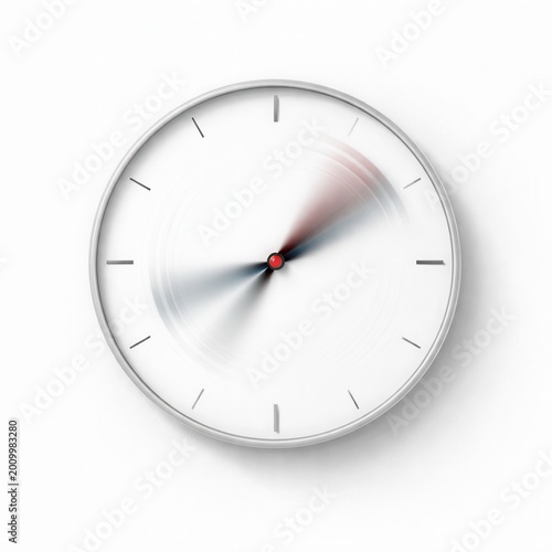 Naklejka Minimal white clock with fast spinning hands motion blur concept of time speed and urgency