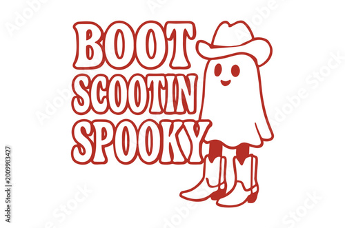 Foto ghost wearing cowboy hat and boots with boot scootin spooky text high quality pr