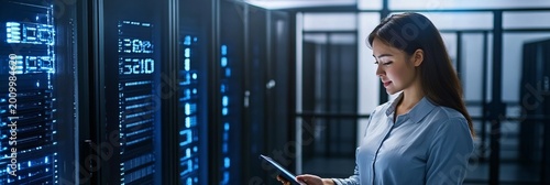 Cybersecurity System Monitoring Technician Analyzing Data in a High-Tech Server Room Environment
