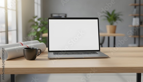 Laptop sits on wooden desk next to rolled papers and a coffee cup in bright office space during the day with sunlight streaming through windows