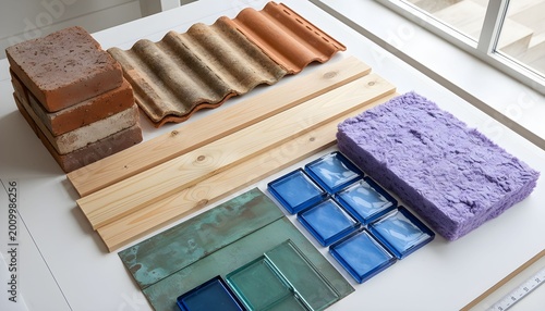 Different building materials are arranged on a table in a design studio for a project exploring texture and color options in construction design