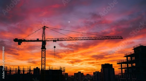 Construction crane stands in front of colorful sunset sky over urban buildings in a city skyline during evening hours