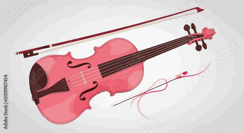Tableau sur toile Pink violin and bow on a light background