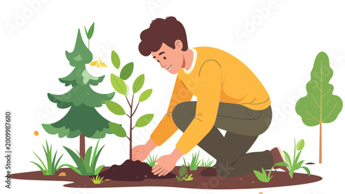 Young man planting tree seedling in soil outdoors, flat design vector illustration, EPS file