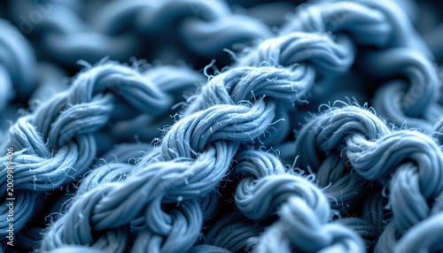 A close up of a woven fabric with a repeating pattern, predominantly in shades of blue and white, with the fabric texture filling most of the frame.