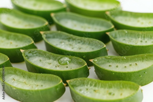 Sliced aloe vera plant reveals translucent gel inside. Green leaves show water drops. Natural ingredient for skincare and medicine preparation.