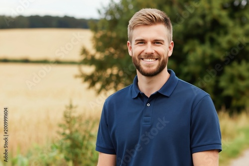 Blond man with beard smiles in blue polo shirt. Person stands outside in green field with trees. Young guy looks happy, confident, and cheerful on a sunny day.