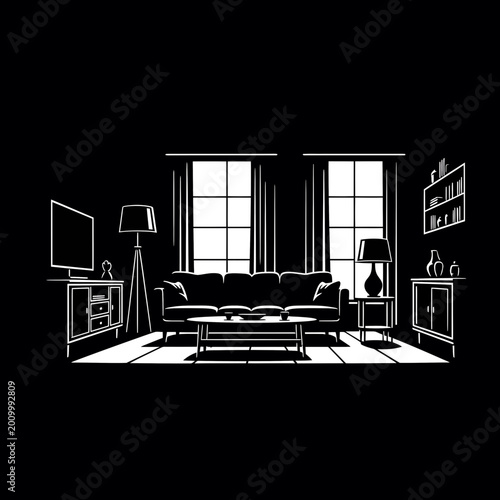 Minimalist Living Room Interior Vector Illustration in Black and White