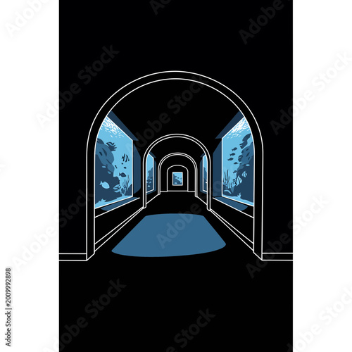 Minimalist Aquarium Tunnel Illustration with Underwater Marine Life