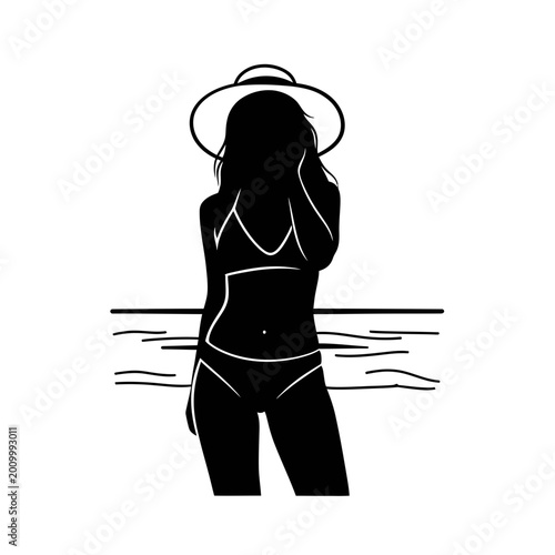 Woman Silhouette in Bikini and Sun Hat on Beach Vector Illustration