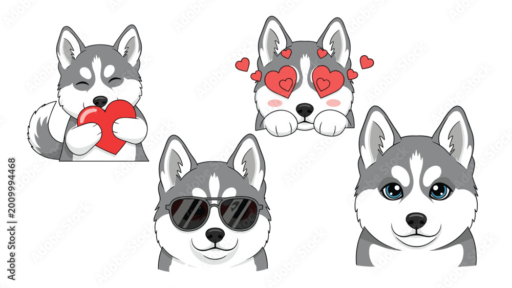 Fototapeta premium Collection of siberian husky puppy head illustrations featuring a heart, heart eyes, sunglasses, and a friendly direct look.