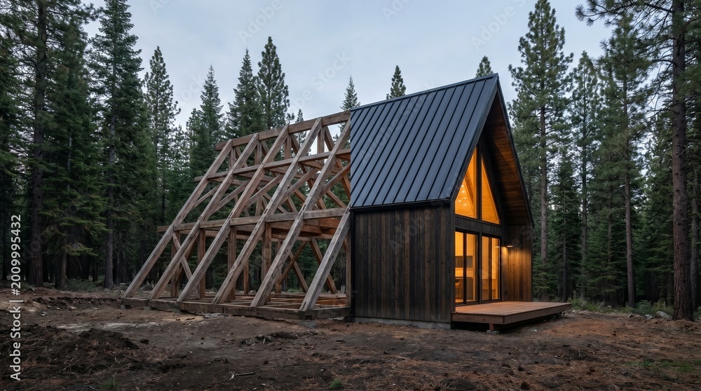 Fototapeta premium A-frame house construction in forest, showing wooden frame and partially built exterior.
