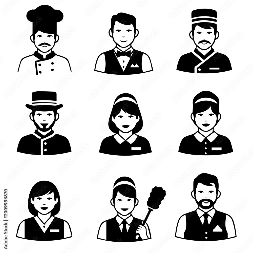 Fototapeta premium Eight people in various uniforms and hats are depicted in a simple black and white illustration.