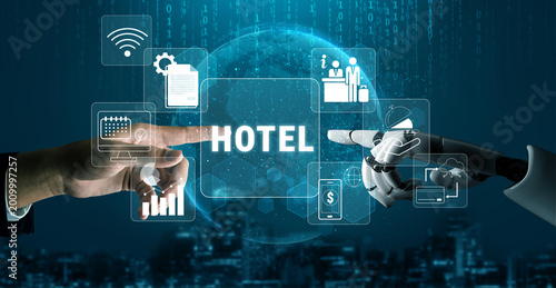 Cuadro en lienzo Hands of a Human and a Robot Interacting Over Digital Hotel Technology with Graphs, Icons, and Communication Elements in a Futuristic City Background Quark
