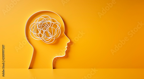 Fotografía 3D silhouette of a head with white tangled rope or cord inside symbolizing menta