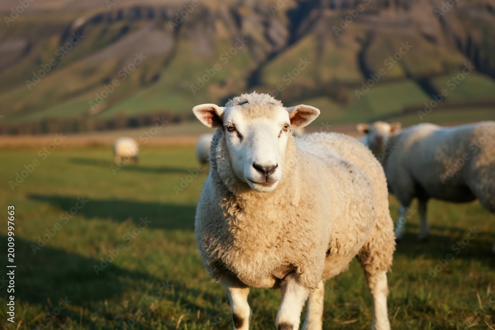 Fototapeta premium Sheep stands on green grass field in Norway. Herd grazes on grassy hill with mountains behind. Rural landscape with domestic mammals in daytime outdoor setting.