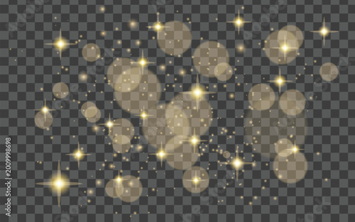 Fotografie Golden Bokeh Light Effect with bight stars Vector Overlay.