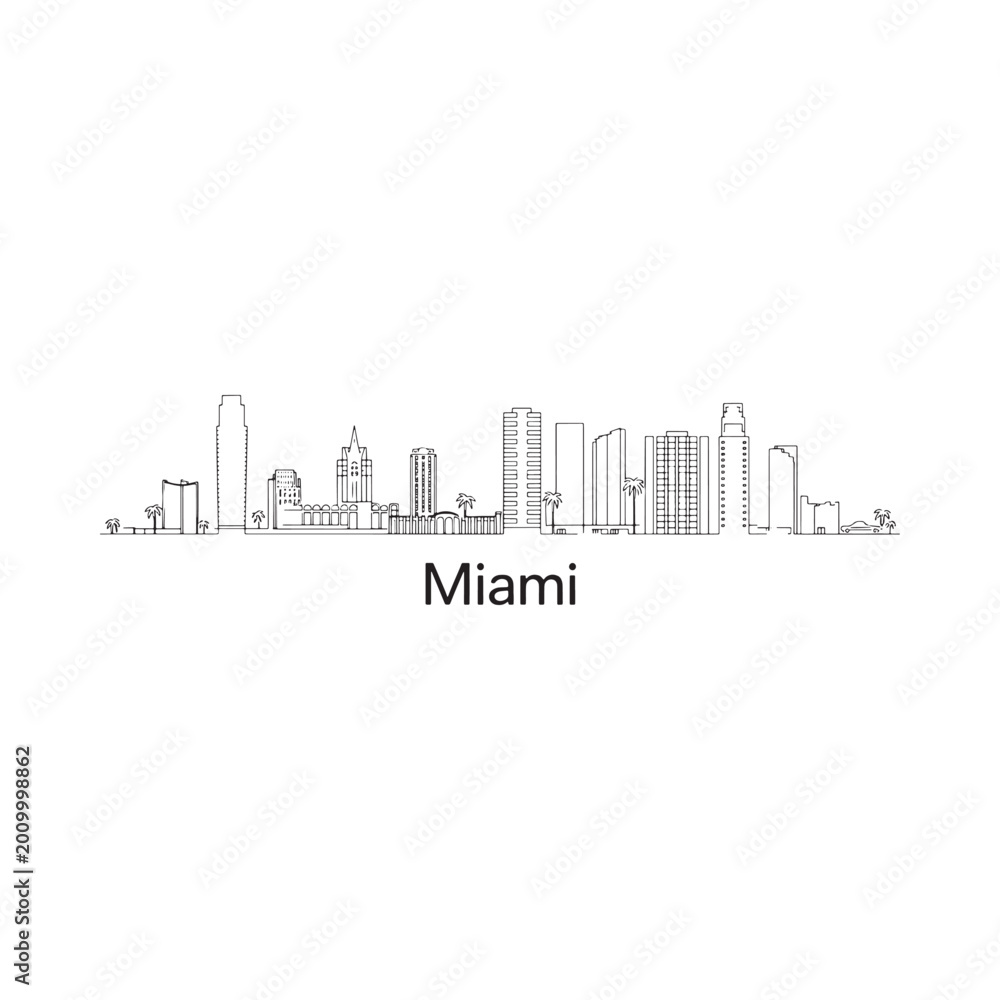 Obraz premium Miami skyline illustration black and white line drawing on white background