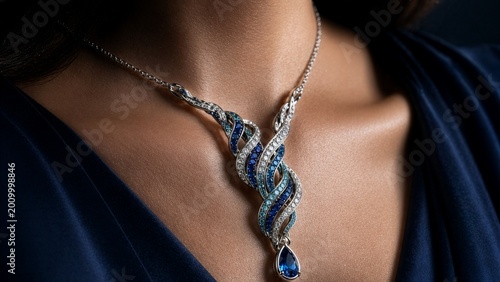 Luxury Blue Sapphire Pendant Necklace on Elegant Woman – Close-Up Fine Jewelry Detail