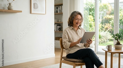 Active senior Asian woman using tablet for health monitoring in modern home