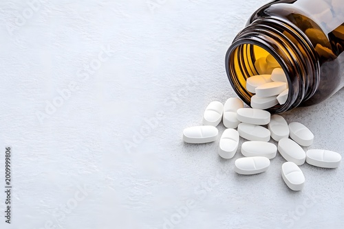 Brown glass bottle tipped over, spilling white tablets onto a light gray surface, illustrating medication and health concepts with a focus on pharmaceutical products
