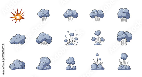 Sequence of cartoon explosion and smoke cloud icons showing different stages of a blast effect from a single spark to large billowing puffs.