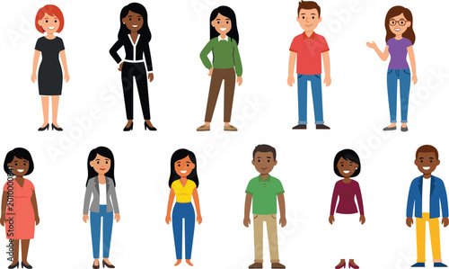 Photos Set of Diverse People Avatars and Multiethnic Cartoon Characters in Business and