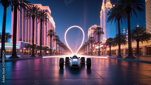 Race Car Las Vegas Neon Boulevard Night Wide Establishing
